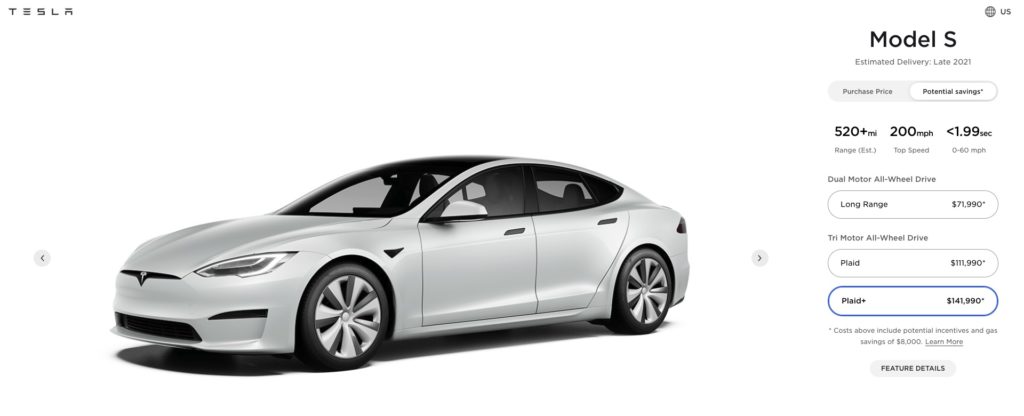 2022 Tesla Model S Plaid+ new price