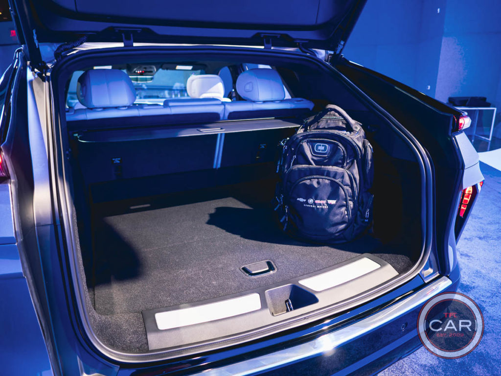 backpack sitting in rear cargo area | 2023 cadillac lyriq