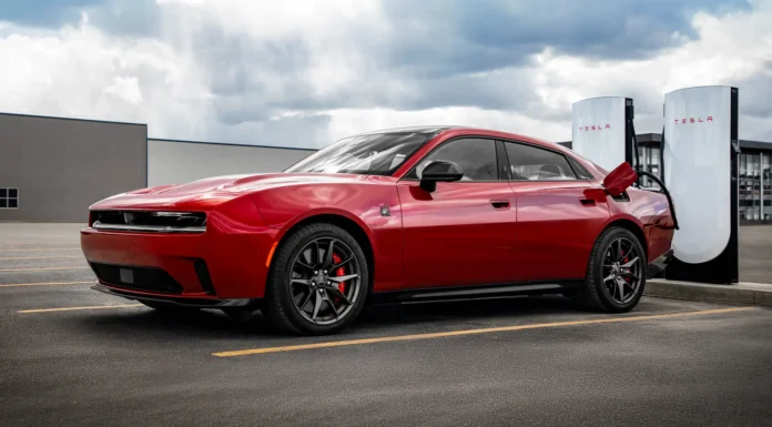 The Tesla Supercharger Network Is Officially Open to Stellantis EVs Dodge Charger Daytona Tesla Supercharger - 2